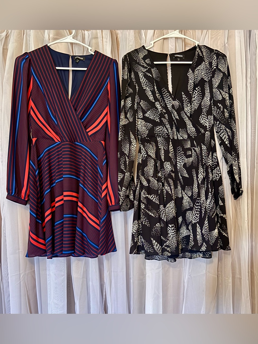 Express Size XS Navy Striped Blk White Faux Wrap Shift Long-sleeve Dress Bundle